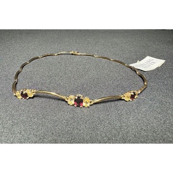 Classic Golden Citrine Red Garnet Scaloped Gold Over Sterling Silver Necklace
